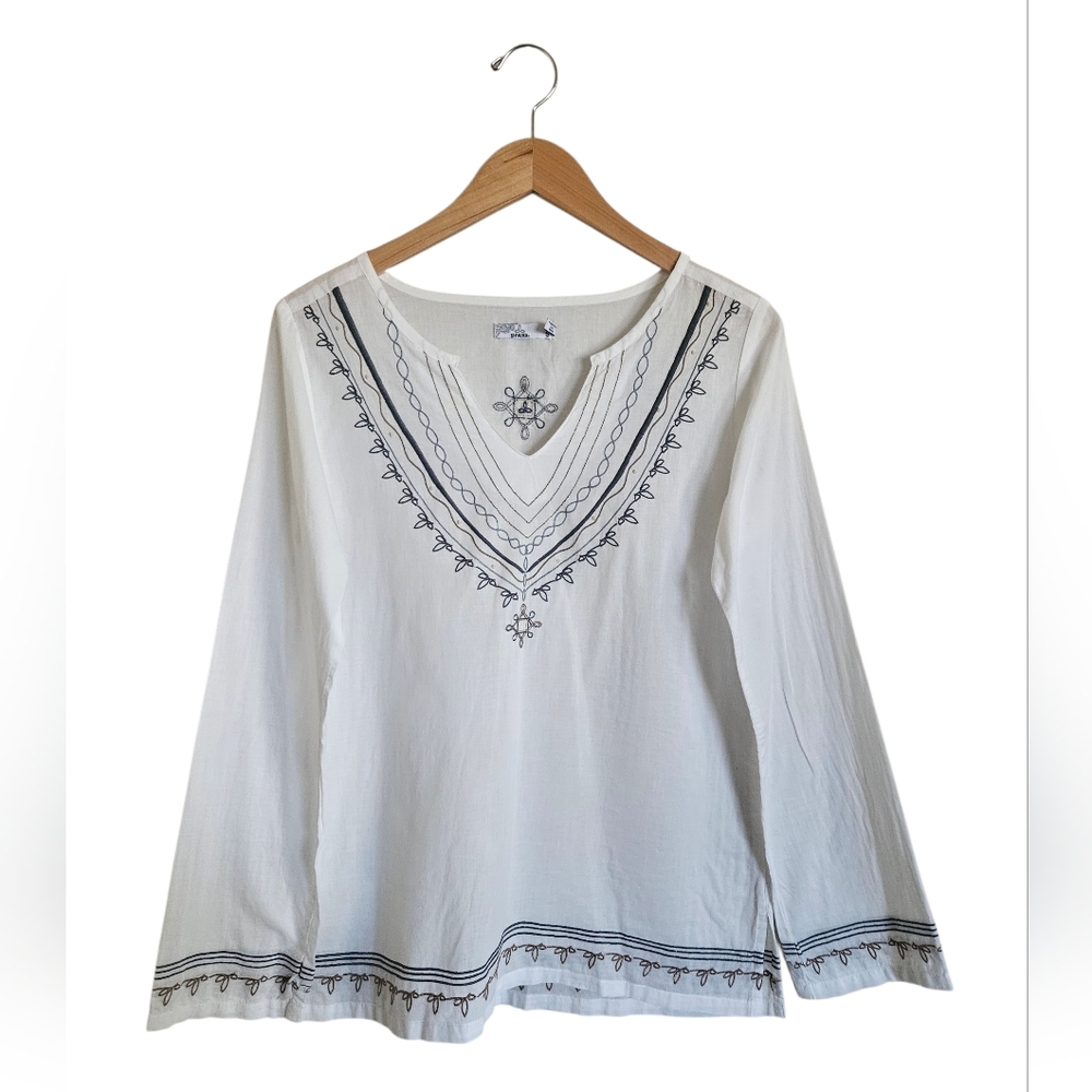 Prana White Cotton Bohemian Tunic with Navy Embroidery Size S